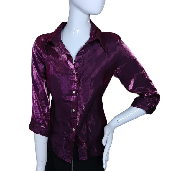 Vintage Charlotte Russe Button Down Shirt Size Large Purple Shiny 3/4 sleeve - Picture 1 of 8